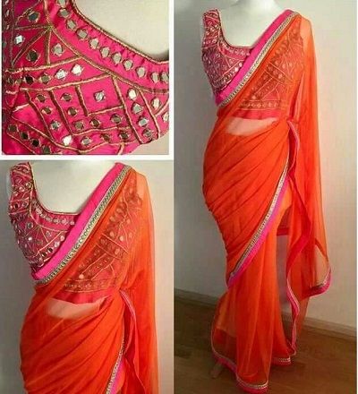 Latest Plain Saree with Heavy Blouse Designs Heavy Blouse Designs, Saree With Heavy Blouse, Plain Saree With Heavy Blouse, ब्लाउज बैक नेक डिजाइन, Saree Combination, Plain Chiffon Saree, Saree Outfit, Heavy Blouse, Mirror Work Blouse Design