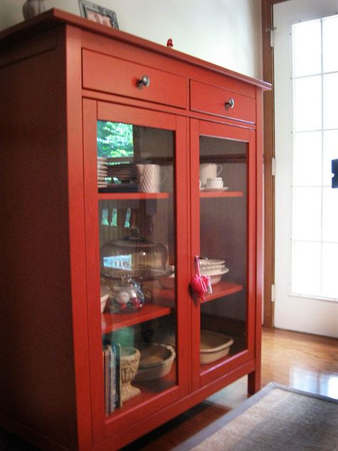 Love Hemnes in red! (painted) Hemnes Red, Ikea Masa, Cutlery Unit, Living Room Glass Cabinet, Hemnes Cabinet, Red Buffet, Modern Hutch, Dark Green Living Room, Red Dining Room