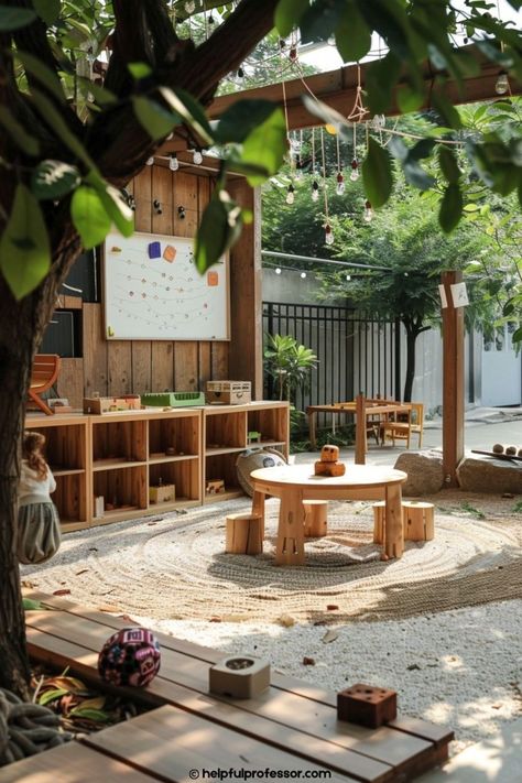 24 Montessori Classroom Design Ideas (2024) Classroom Montessori Decor, Primary School Classroom Layout, Ece Classroom Ideas, Outdoor Montessori Activities, Daycare Sleeping Area Ideas, Outdoor Preschool Environments, Microschool Classroom, Montessori Outdoor Environment, School Yard Ideas