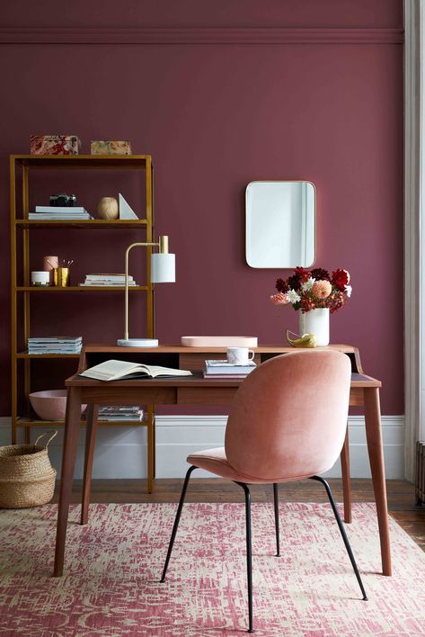 5 property updates that will increase your home's value by 20% (and help it sell faster) Burgundy Study Room, Mauve Home Office, Mauve Office Ideas, Mauve Office, Burgundy Office, Colourful Room, Burgundy Room, Pink Home Office, Relaxing Office