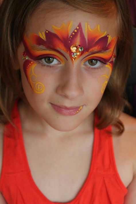 Dragon Face Painting, Princess Face Painting, Dragon Makeup, Phoenix Costume, Fire Costume, Fire Makeup, Festival Face Paint, Fire Princess, Fire Fairy