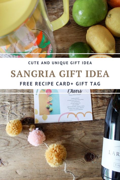 How to make an adorable Sangria themed gift basket. FREE printable recipe card and gift tag. #giftbasket #giftsforher #giftsforteachers #housewarminggift #giftideas Sangria Gift Basket Ideas, Summer Sangria Recipes, Recipe Cards Printable Free, Printable Recipe Card, Raffle Basket, Sangria Recipe, Themed Gift Baskets, Printable Recipe, Printable Recipe Cards