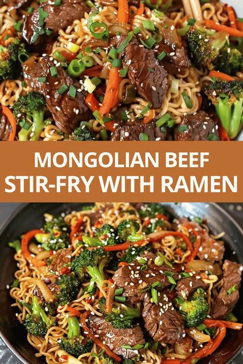 Mongolian Beef Stir-Fry with Ramen Recipe Ramen Noodle Steak Stir Fry, Beef And Ramen Stir Fry, Mongolian Beef Stir Fry With Ramen, Beef Roman Noodle Recipes Stir Fry, Ramen And Steak Recipe, Mongolian Noodles Stir Fry, Steak Ramen Bowl, Ground Beef Mongolian Beef Recipe, Ramen Recipes Beef