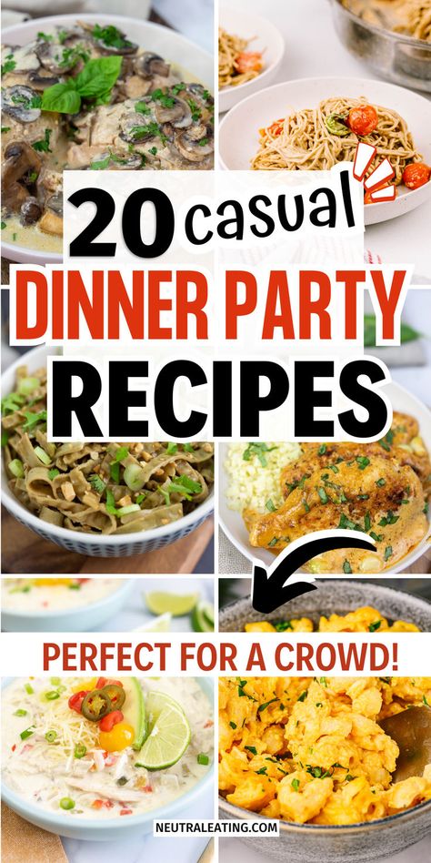 20 Easy Dinner Party Menu Ideas (A collage of healthy dinners kids love and high protein vegan dinner easy perfect for crowd pleasing recipes dinner) Dinner For 10 People Main Dishes, Healthy Meals For A Crowd, Birthday Party Dinner Ideas, Casual Dinner Party Menu Ideas, Easy Dinner Party Menu Ideas, Party Meal Ideas, Easy Dinner Party Ideas, Dinner Party Meals, Dinner For Group