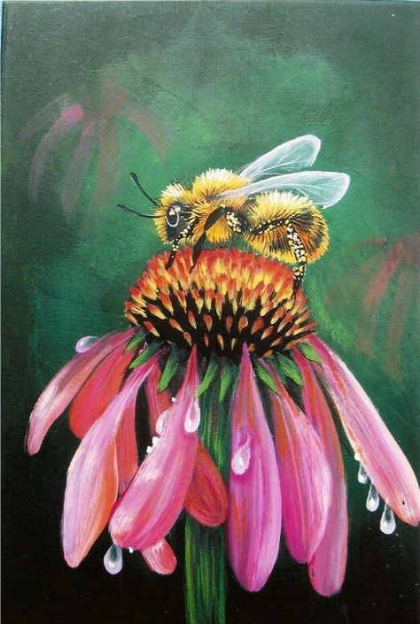 Cute Easy Paintings, Bee Painting, Butterfly Art Painting, Art Nouveau Floral, Art Painting Gallery, Insect Art, Spring Painting, Bee Art, Simple Acrylic Paintings