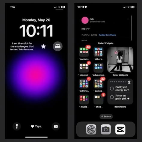 Cute Iphone Home Screen, Homescreen Layout Iphone Dark, Organizing Phone Apps Aesthetic, Ios Lockscreen Ideas, Lockscreen Homescreen Combo, Iphone Lockscreen Ideas, App Design Ipad, Lock Screen Ideas, Ios 17 Wallpaper