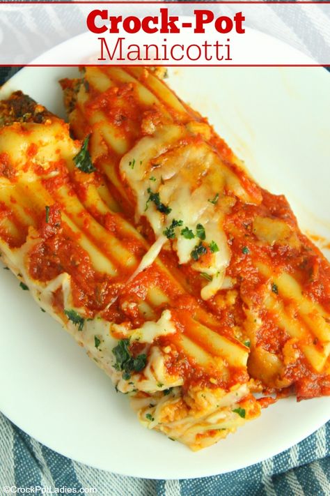 Looking for a comforting and satisfying dinner that's sure to impress? Look no further! Our slow-cooked Crock-Pot Manicotti recipe is packed full of delicious cheeses, meats, and vegetables. It's perfect for a family gathering, potluck, or simply enjoying a cozy night in. Get ready to drool over these creamy, gooey layers of heavenly deliciousness! #CrockPotLadies Crockpot Manicotti Recipe, Seafood Manicotti Recipe, Crockpot Manicotti, Crockpot Casseroles, Manicotti Pasta, Crockpot Pasta, Manicotti Recipe, Snickerdoodle Cookie, Filled Pasta