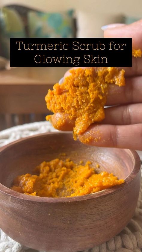 Turmeric scrub for glowing skin 💛 in 2022 | Homemade skin care recipes, Turmeric scrub, Natural skin care diy Skin Lightening Scrub Diy, How To Make A Tumeric Scrub, Turmeric Body Scrub Recipe, Skin Discoloration Remedies Diy, Face Ubtan Homemade, Ways To Use Turmeric, Tumeric Face Scrub Homemade, Tumeric Oil Recipes For Skin, Turmeric Exfoliating Scrub