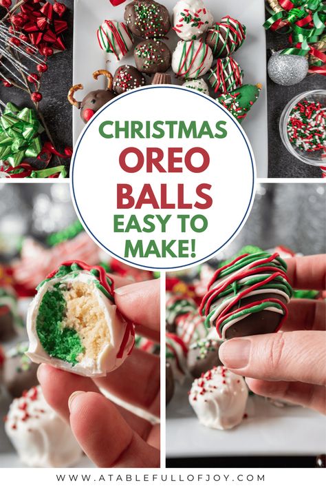 Christmas Oreo Balls are a such a tasty and fun Christmas treat! Easy to make and fun to decorate- perfect for Holiday parties! Oreo Christmas Balls, Christmas Oreo Truffles, Holiday Oreo Balls, Oreo Ball Christmas, Oreo Holiday Treats, Oreo Snowman Balls, Christmas Oreo Balls, Oreo Balls Recipe Christmas, Christmas Themed Oreo Balls