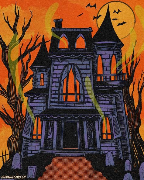 @tragicgirls.co Spooky Graphic Design, Halloween Aesthetic Instagram, Haunted House Cartoon, Halloween Ambience, Vintage Halloween Aesthetic, Haunted House Pictures, Halloween Iphone Wallpaper, Haunted House Drawing, Spooky Vintage