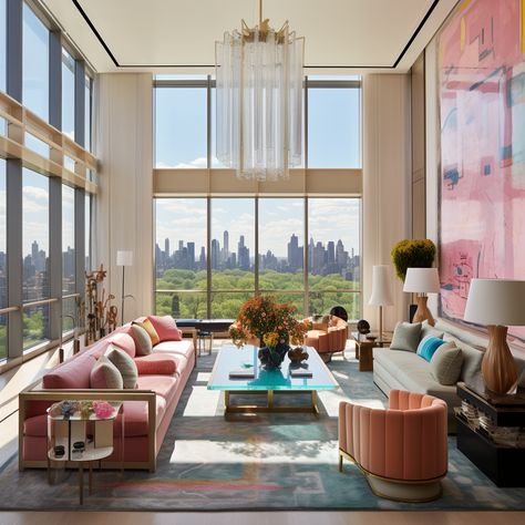 Nordstrom Tower Penthouse Interior Design Eclectic Penthouse, Famous Interior Design, Nyc Apartment With View, Aesthetic Nyc Apartment, Nyc Penthouse Central Park, Penthouse Apartment Aesthetic, Nyc Penthouse View, Penthouse Apartment Interior, Tower Interior