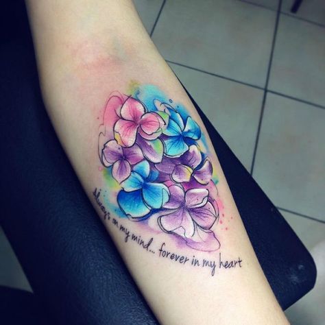 Hydrangea Tattoo, Ab Tattoo, Tribute Tattoos, Autumn Tattoo, Lavender Tattoo, Remembrance Tattoos, Watercolor Tattoo Flower, Small Tattoos Simple, Harry Potter Tattoos