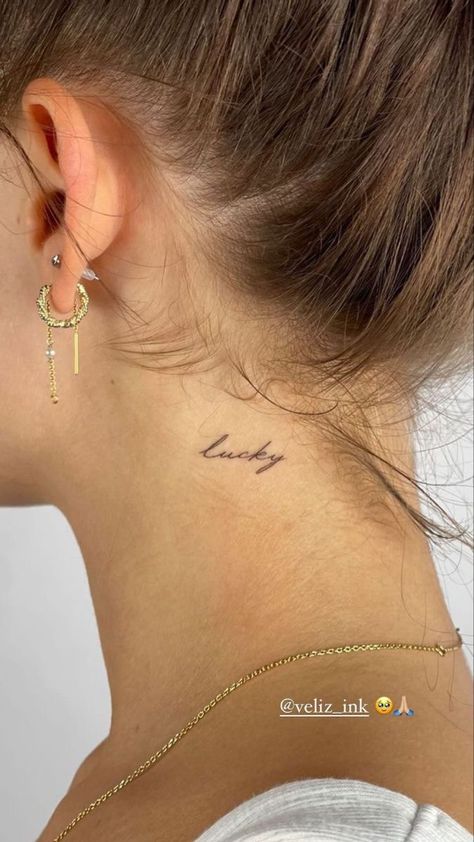 Small Tattoos Behind Your Ear, Kendall Jenner Tattoo Neck, Neck Word Tattoos Women, Big 3 Tattoo, Back Hip Tattoos Women, Dainty Ear Tattoos, Cursive Neck Tattoo, Fine Line Neck Tattoo, Belle Ame Tattoo