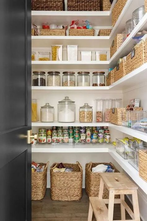 20 Walk-In Pantry Ideas For Stylish Kitchen Storage Pantry Cupboard Walk In, Wooden Pantry Organization, Walk In Pantry Storage Ideas, Pantry Floor Organization Ideas, Small Walkin Pantry Design Ideas, Walkin Pantry Ideas Storage, Small Walk In Pantry Organization, L Shaped Pantry Design, Pantry Walk In