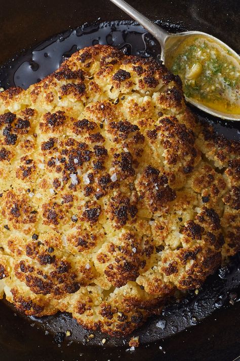 Image for Whole Roasted Cauliflower With Almond-Herb Sauce Roasted Whole Cauliflower, Lamb Side Dishes, Whole Cauliflower, Cooking Fish, Vegetarian Main Course, Whole Roasted Cauliflower, Cooking Chicken, Vegetarian Thanksgiving, Herb Sauce