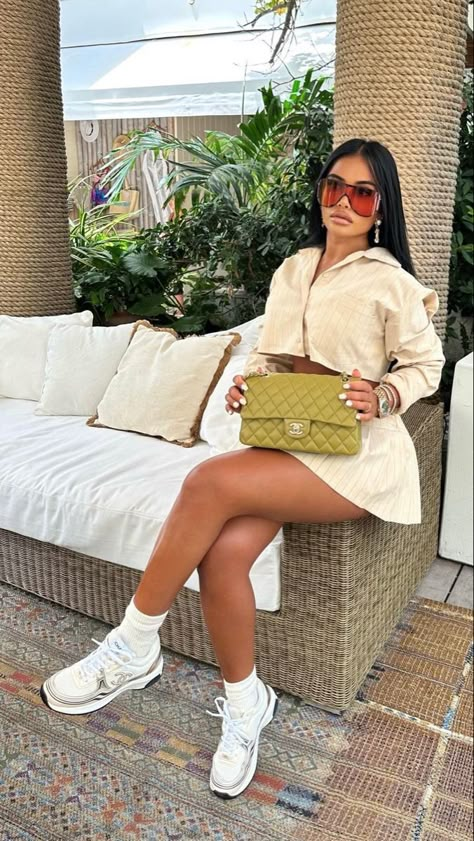 Baddie Boujee Outfits, Chanel Tennis Shoes, Chanel Tennis, Silk Bridal Robe, Skirt And Sneakers, Effortlessly Chic Outfits, Pilates Princess, Date Outfit, Spring Fashion Outfits