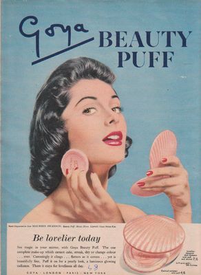 Goya Beauty Puff Vintage Ad Vintage Posters Retro, 1950s Beauty, 1950s Advertising, Zine Ideas, Vintage Makeup Ads, History Bounding, Fall Board, Trend Board, Beauty Advertising