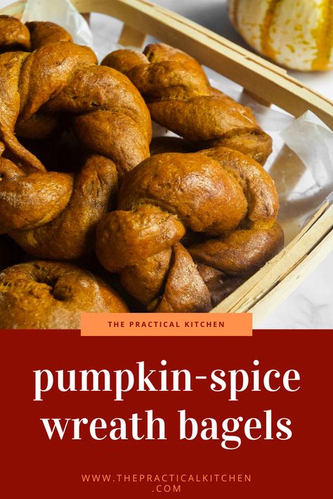 Whether you shape these into twisted wreaths or stick to a more traditional bagel shape, these pumpkin-spiced bagels with a cinnamon sugar crust are the perfect way to celebrate fall. Serve toasted with butter or a hearty maple-bacon cream cheese. Pumpkin Bagel Recipe, The Practical Kitchen, Pumpkin Bagels, Cake Decorating Turntable, Culinary Torch, Square Cake Pans, Practical Kitchen, Sugar Pumpkin, How To Make Pumpkin