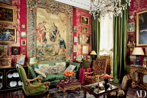 Jacques Garcia Conjures an Atmosphere of Opulence and Drama in an 18th-Century Building in Paris | Architectural Digest Red Room Decor, Red Room, Parisian Apartment, Red Rooms, European Paintings, Old World Style, Paris Apartments, Louis Xiv, Traditional Living Room