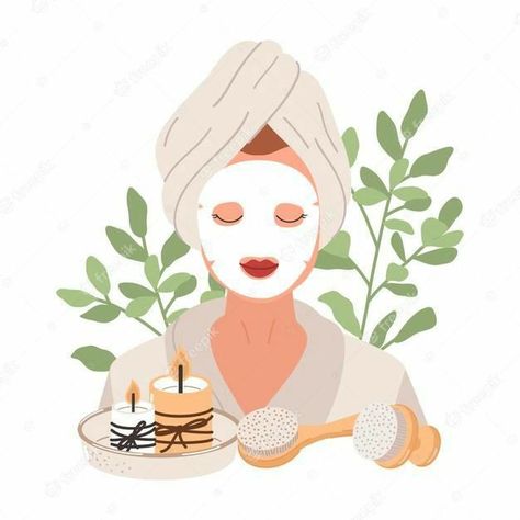 Routine Illustration, Spa Skincare, Home Spa, Tropical Leaves, Young Woman, A Face, Skincare Routine, Premium Vector, Graphic Resources