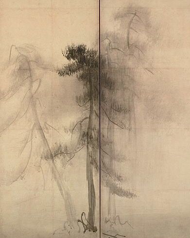 Detail. Pine Trees" by Hasegawa Tōhaku (Japanese, 1539–1610). The painting has been designated as National Treasure in the paintings category.16th century. Left screen of a pair of six-folded screens; ink on paper. Sumi E Pine Tree, Chinese Tree Painting, Hasegawa Tohaku, Negative Space Art, Pine Tree Painting, Japanese Ink Painting, Shadow Painting, Japanese Tree, Japan Painting