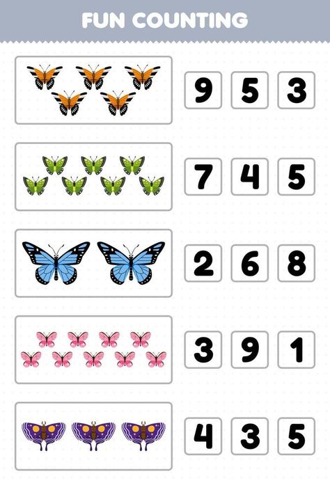 Butterfly Math Activities, Butterfly Worksheet, Bug Printable, Cute Cartoon Butterfly, Counting For Toddlers, Bee Activities, Insects Theme, Preschool Math Worksheets, Kids Worksheets Preschool