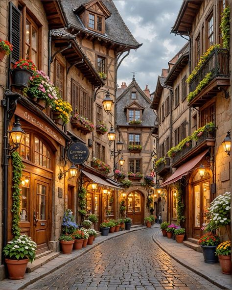 European Town Aesthetic, Hogsmeade Aesthetic, Fantasy Hotel, Cobblestone Street, European City, Diagon Alley, Beautiful Streets, Fantasy House, Fantasy Places