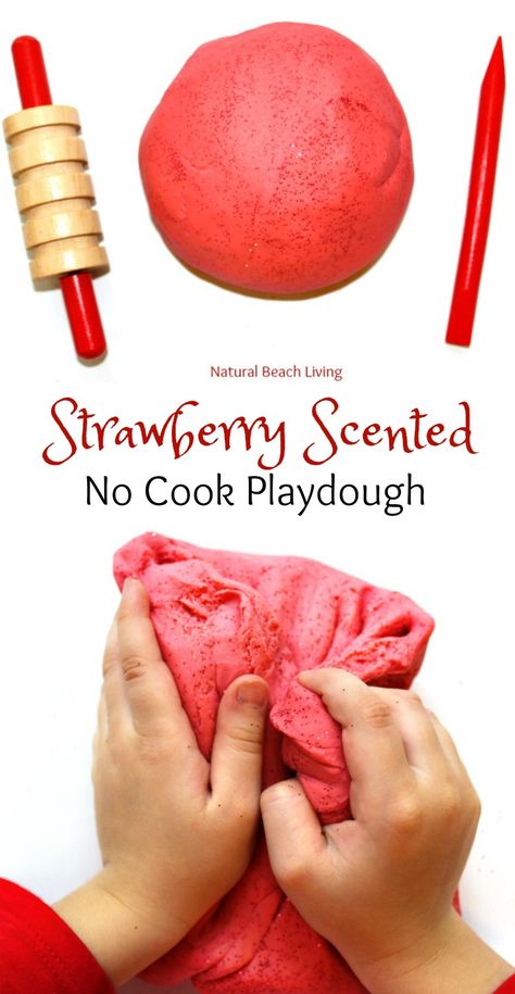 Amazing No Cook Strawberry Playdough Recipe, Perfect for Valentine's Day or Summer this play dough smells amazing. The Best Jello Dough Recipe #homemadeplaydough #sensoryplay #strawberrydough No Cook Playdough, Best Homemade Playdough Recipe, Best Playdough Recipe, Cooked Playdough, Edible Playdough, Homemade Playdough Recipe, No Cook, Dough Recipes, Playdough Recipe