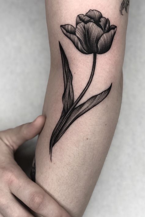 Fineline Black And Gray Tattoo, All Black Flower Tattoo, Black Tulips Tattoo, Black Work Floral Tattoo, Tattoo Shading Styles, Chicago Tattoo Artist, Black Out Flower Tattoo, Flower Tattoo Cover Up, Black Work Flower Tattoo