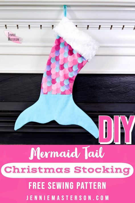 Learn how to make this unique mermaid tail stocking with a free sewing pattern. This pattern makes for a great sewing project for Christmas! It's free, easy to make and can be sewn pretty quickly. Christmas is so much fun with some homemade DIY projects and kis are sure to love the way these turn out! Get your free copy of the mermaid tail christmas stocking pattern by clicking through to the post! #Christmas #christmascraft #stocking #stockingpattern #mermaid #mermaidchristmas #sewing Mermaid Christmas Stocking, Diy Mermaid Tail, Christmas Sewing Patterns, Do It Yourself Decoration, Mermaid Christmas, Crafts Sewing Projects, Christmas Sewing Projects, Mermaid Diy, Traditional Christmas Decorations