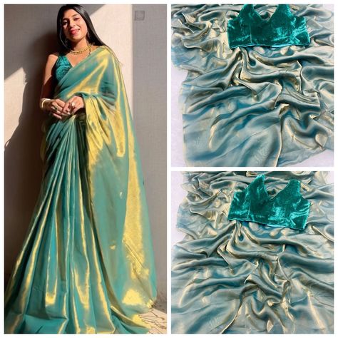 Silk Saree With Velvet Blouse, Green Tissue Saree, Saree With Velvet Blouse, Saree Velvet, Metallic Saree, Sabyasachi Mukherji, Tissue Silk Saree, Velvet Blouse, Tissue Saree