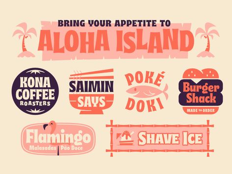 Aloha Island logo island hawaii aloha halloween tiki font type musubi Hawaii Design Graphic, Island Graphic Design, Hawaii Graphic Design, Vacation Branding, Hawaii Branding, Tiki Logo, Tiki Font, Island Branding, Hawaii Logo