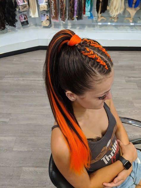 High Pony Festival Hair, Fake Hair Ideas, Braided Hair With Color Extensions, Color Extensions Braids, Colorful Braided Hairstyles, Braids With Color Extensions, Rave Ponytail, Festival Braids With Color Extensions, Braided Hairstyles With Extensions