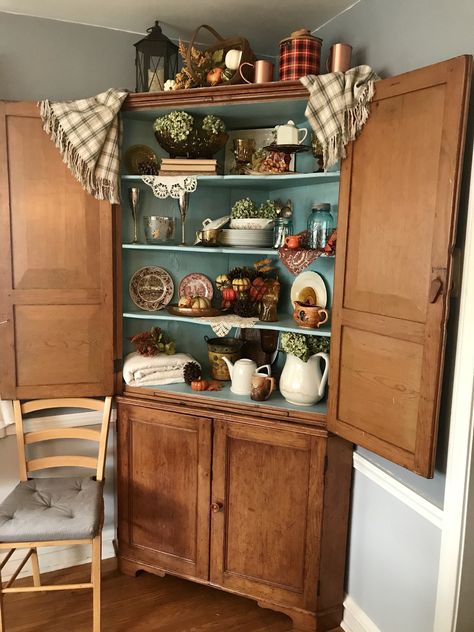 Corner Cupboard Decorating Ideas, Corner Cabinet Decor, Cupboard Decorating Ideas, Corner Cabinet Dining Room, Scottish Cottage, Corner Hutch, Corner Cabinets, Gimme Shelter, Hutch Decor