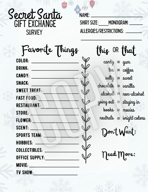 Christmas Secret Santa Gift Exchange Survey ♥ Download INSTANTLY after your purchase, save, and PRINT! No links to online editors and NO EXPIRING DATE! Print as many as you need.  Please take note that this game cannot be edited Gift Exchange Paper, Secret Santa Rules, Secret Santa Form, Secret Santa List, Work Secret Santa, Family Gift Exchange, Secret Santa Questionnaire, Secret Santa Christmas Gifts, Christmas Gift Games