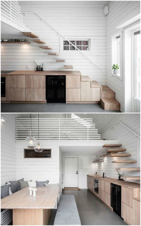 Staircase Kitchen, Tiny Staircase, Tiny Stairs, Kitchen Under Staircase, Tiny House Staircase, Stairs Small House, Mezzanine Stairs Space Saving, Minimalist Tiny Home, Staircase Tiny House