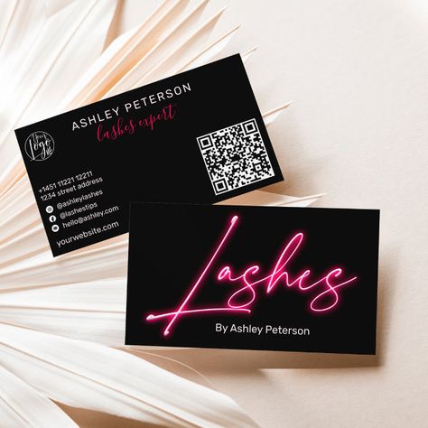 Modern glam pink neon lashes script logo qr code business card Lashes Technician, White Leather Texture, Neon Lashes, Lash Business Cards, Nail Tech Business Cards, Pink Business Cards, Texture Business Card, Botanical Rose, Makeup Business Cards