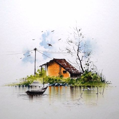 Watercolour Scenery, House Near River, Village Scenery Drawing, Watercolor Scenery Painting, Easy Scenery, Village Scenery, Oil Pastel Landscape, Jogging Leggings, Theatrical Scenery