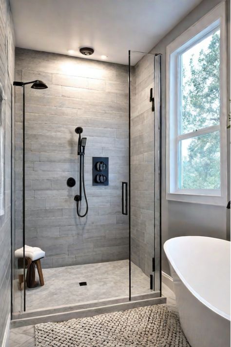 Diagram of master bath shower installation components Master Shower Bath Combo, Dream Bathroom Master Baths, Shower Makeover, Bathtub Shower Combo, Master Baths, Shower Conversion, Master Bath Shower, Bathroom Master, Window In Shower