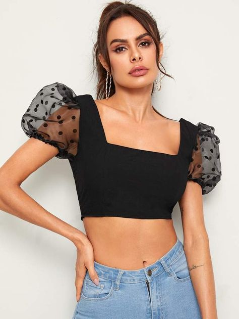 Mesh Puff Sleeve Top, Mesh Clothing, Fashion Edgy, Wedding Dress Chiffon, Puff Sleeve Crop Top, Outfit Collage, Fashion Tops Blouse, Black Short Dress, Crop Top And Shorts