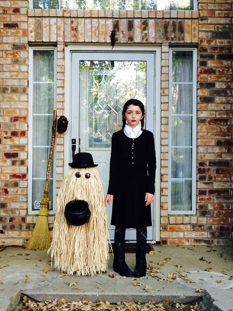 Adams Family Hand Costume, Wednesday And Cousin It Costume, Wensday Adams Halloween, Adam’s Family Halloween Costume, Wendsday Adams Costumes, Adams Family Costume Wednesday, Halloween Costumes Adams Family, Cousin It Costume, Homeade Halloween Costumes