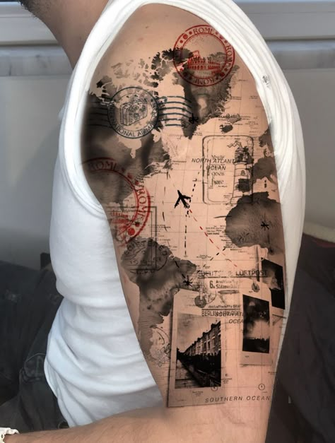 Map Tattoos Men, World Map Tattoo Sleeve, Nautical Map Tattoo, Travel Sleeve Tattoo, Map Tattoo Sleeve, Travel Tattoo Men, Travel Tattoo Sleeve, World Travel Tattoos, Aviation Tattoo