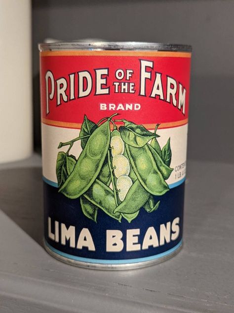 "1930's Pride of the Farm Lima Beans can label on can Original Vintage Philadelphia, Pennsylvania Measures about 4 1/2\" Tall x 3 3/8\" Diameter Original Vintage label on modern/used can. They are clean, but sometimes quickly get surface rust inside. Wear as pictured, please view carefully. I don't sell reproductions, rest assured everything I sell is old and original. If you have a question, ask it. I'd like you to be fully satisfied with your purchase. Just to keep things easy, I offer flat ra Vintage Canned Goods, Vintage Can Labels, Recipe Book Covers, Can Of Beans, Organic Packaging, The Farm, Tin Can Art, Canned Fruit, Garden Baby Showers