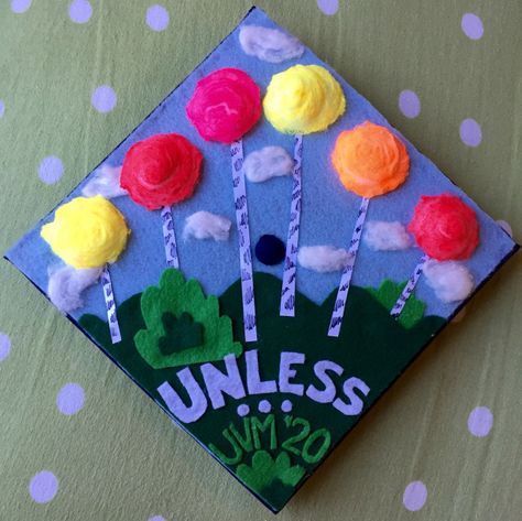 Very pleased with how my grad cap turned out! :) "unless someone like you cares a whole awful lot nothing is going to get better. It's not." - the Lorax from Dr. Seuss #collegegraduation #college #graduation #education #major The Lorax Graduation Cap, Lorax Graduation Cap, Grad Cap Design, Ring Dunk, Teacher Graduation Cap, Quinnipiac University, Artsy Crafts, Mortar Board, Tattooed Teacher