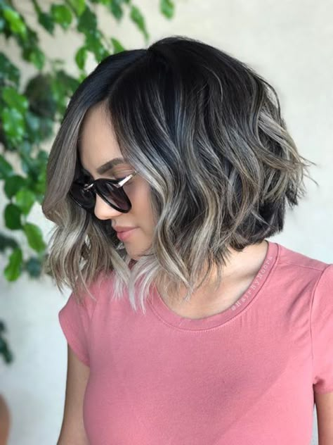 Dark Hair Balayage Bob, Pixie Ombre Hair, Gray Balayage On Dark Hair Short, Bob Haircuts With Balayage, Short Dark Hair With Grey Highlights, Brown And Silver Hair Short, Mushroom Balayage Brunette Short, Ash Blonde Balayage On Dark Hair Short, Mocha Balayage Dark Brown Short Hair