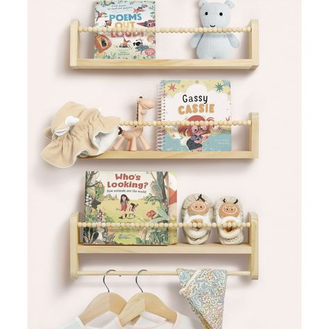 SUMGAR Nursery Floating Shelves for Wall Set of 3, Kids Bookshelf Toy Storage Organizer Natural Wood Shelves Wall Mounted for Kids Room, Bedroom and Kitchen - Walmart.com Shelving In Nursery, Girl Nursery Shelves, Nursery Floating Shelves, Wood Bookshelf Wall, Bookshelves Nursery, Bookshelf Toy Storage, Nursery Bookshelves, Hanging Bookshelves, Bookshelves Decor