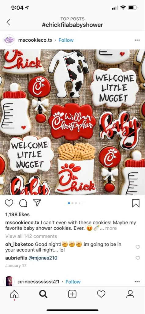 Chick Fil A One Year Old Party, Chick Fil A Baby Announcement, Nugget Baby Shower Theme, Chick Fil A Pregnancy Announcement, Chick Fil A Baby Shower Ideas, Chick Fil A First Birthday Party, Cow Theme Gender Reveal, Cow Themed Gender Reveal, Cow Gender Reveal Ideas