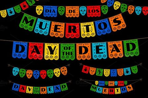 Dia de los Muertos Papel Picado by Sveta Aho on @creativemarket Den Mrtvých, Day Of The Dead Party, Papel Picado Banner, Sugar Skull Cat, 5 Cats, Design Objects, Banner Sizes, Floral Elements, Sugar Skulls