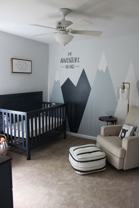 Navy Mountain Nursery, Nursery Decor Mountains, Nursery With Mountains, Baby Nursery Mountain Theme, Mountain Woods Nursery, Toddler Mountain Bedroom, Baby Room Mountains, Boy Nursery Mountain Theme, Nursery Ideas Mountains