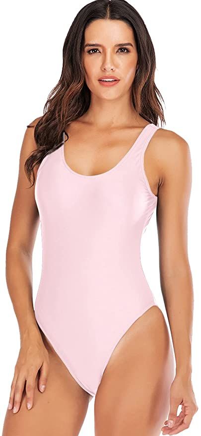 YELAIVP Women's Retro Scoop Neck Padded One Piece Swimsuits High Cut Low Back Bathing Suits Swimwear Bodysuit Light Pink at Amazon Women’s Clothing store Pink Summer One-piece Swimsuit, Trendy Pink One-piece Swimwear, Pink One-piece Swimsuit For Beach Season, Cheap Pink One-piece Swimsuit, Squad Swimsuit, Bride Squad Swimsuit, Cheap Pink One-piece Swimwear For Pool, Triangle Bathing Suit, Pink Bathing Suits